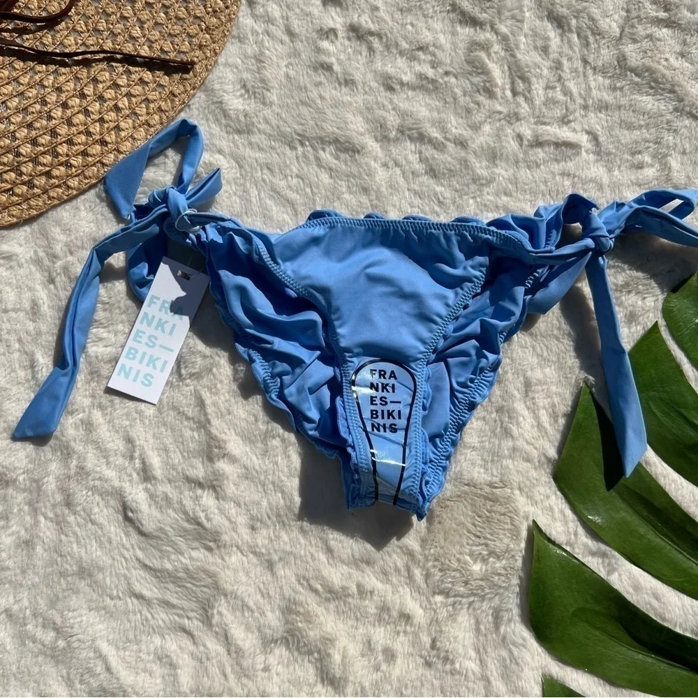 Frankie’s Bikinis Carrie Knot Top Colby Tie Side Bikini Set Chambray Blue NWT